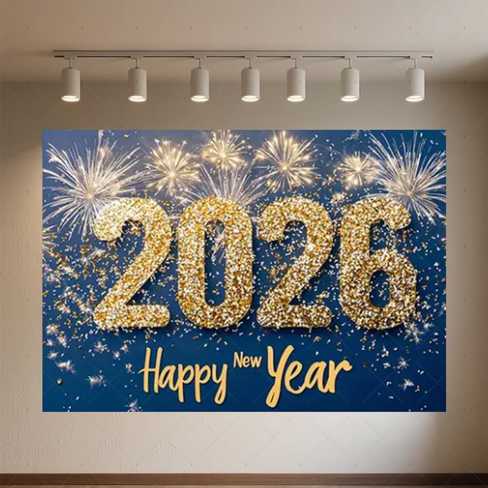 Black Gold New Year Background Banner Glitter 2026 Happy New Year Backdrop Supplies Balloons New Year Party Decoration Gifts