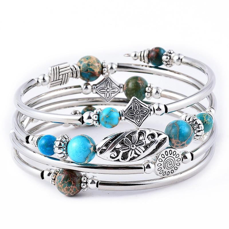 Handmade Layered Wrap Bracelet With Natural Turquoise Tigers Eye Beads Geometric Design Unisex Jewelry