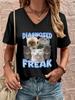 Women's "Diagnosed Freak" Cat Meme Print V-Neck T-Shirt, Funny Casual Short Sleeve Tee for Cat Lovers