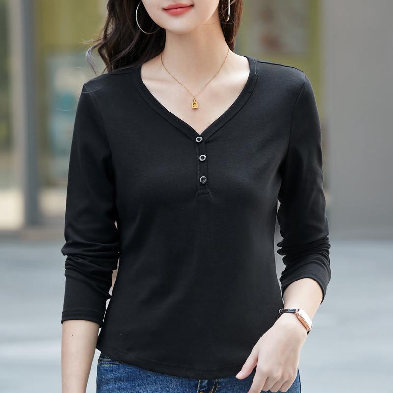 Autumn Women's V-neck Solid Colour Fashion Versatile Long-sleeved T-shirt