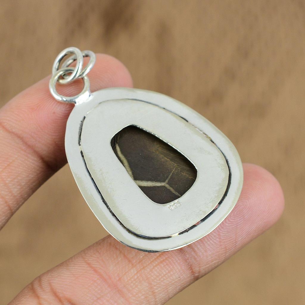 Natural Moroccan Mud Crack Fossil Gemstone Pendant Brown 925 Sterling Silver