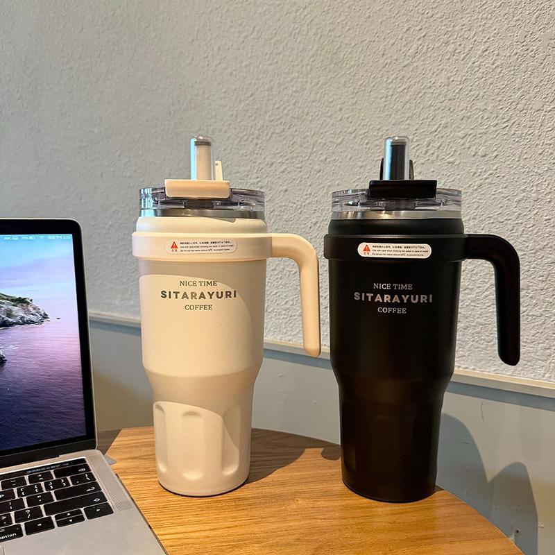 Large Capacity Stainless Steel Straw Thermos Bottle Portable Handle Double Drink Insulation Cups Coffee Mug Car Ice Tumbler Cup