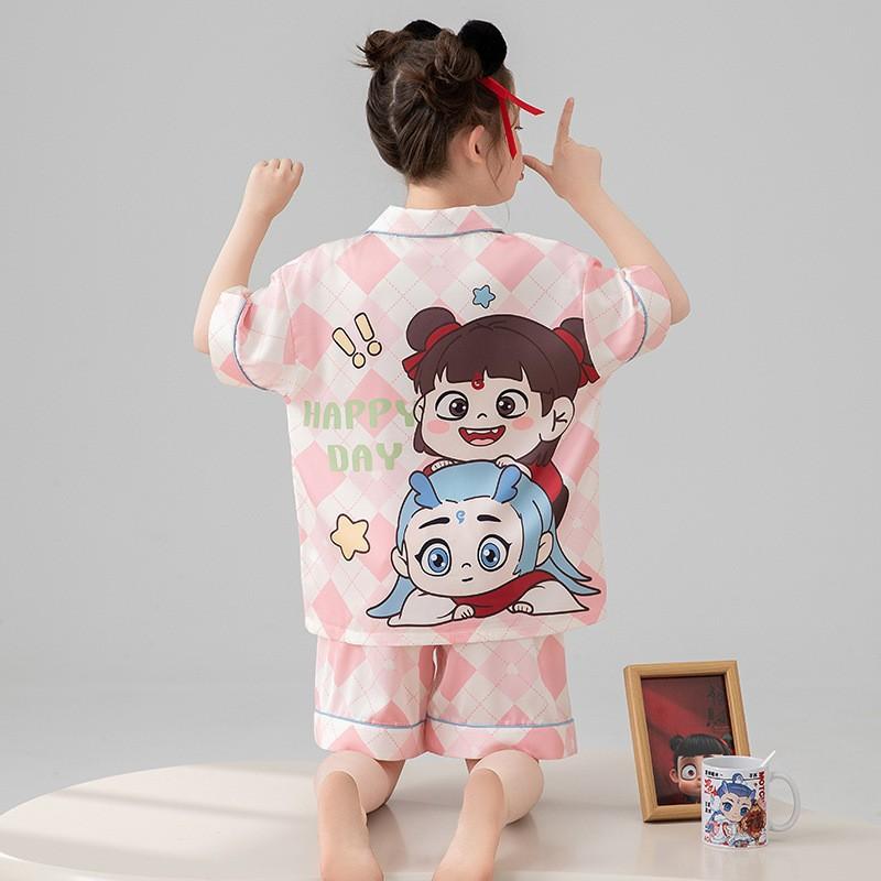 Girls Ice Silk Pajama Set Short Sleeve Cartoon Print Sleepwear Kids 8 Years