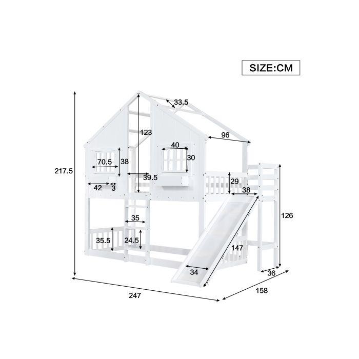 Etagenbett mit Rutsche, mit Dach und Fenster, mit Rausfallschutz, mit dreifacher Leiter, Kiefer + MDF, Weiß, 90x200 cm
