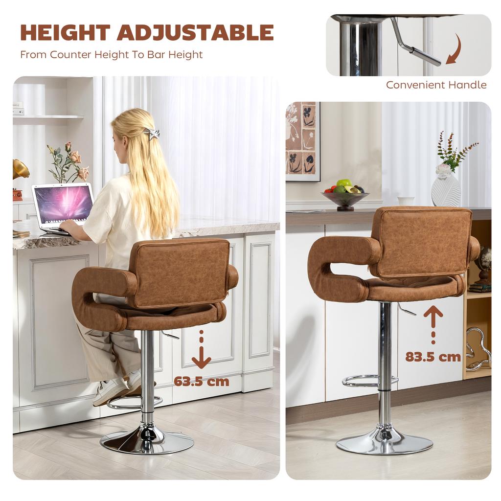 PU Leather Upholstered Swivel Bar Stool, Height Adjustable with Back, Armrest, Footrest, Brown