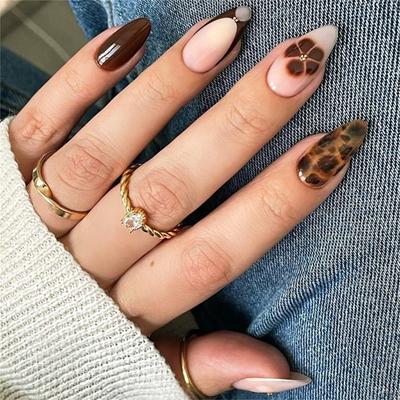 24Pieces Medium Length Press On Nail Almond Shape False Nail with Leopard Flower Designs for Women Manicure Nail Art