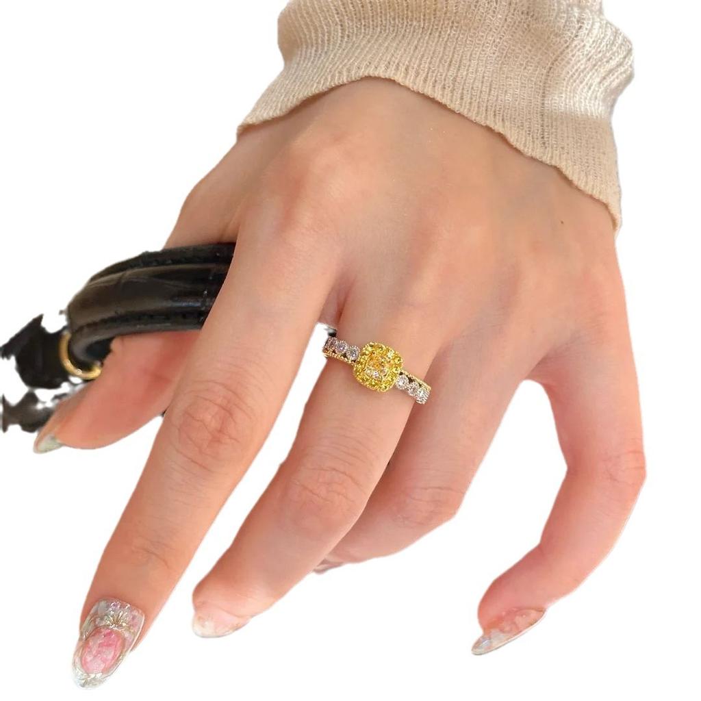 Yellow Diamond Sugar Cube Ring, Female High-End Light Luxury Zircon Plant System, Opening Adjustable Diamond Ring