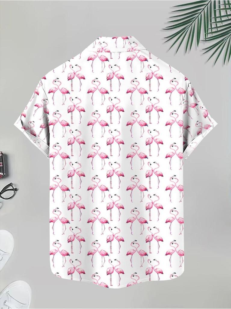 Men's Casual Flamingo Printed Short - Sleeve Shirt, Polyester Material, Mixed Color, Multiple Specifications Available, Stylish for Daily Wear &