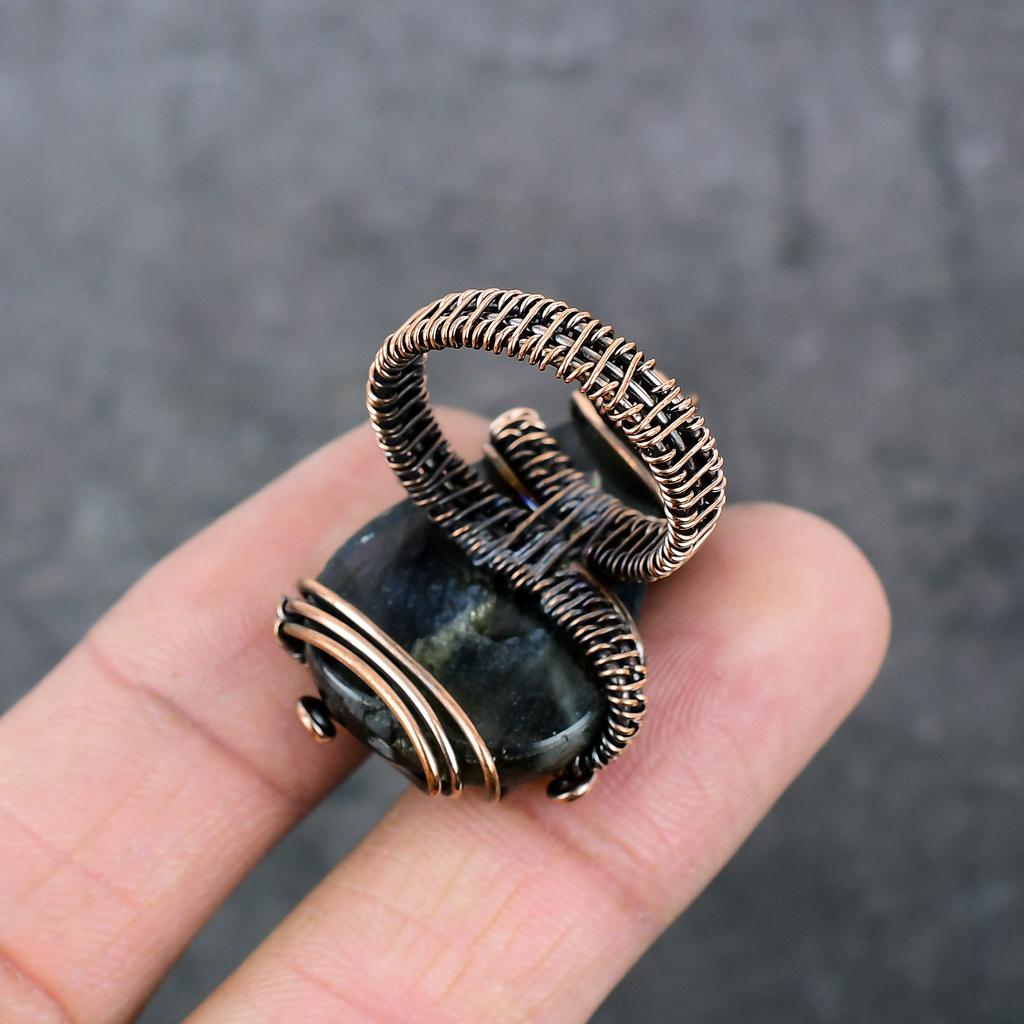 Natural Labradorite Gemstone Copper Wire Wrap Gift Jewelry Ring Size 9 C3L50