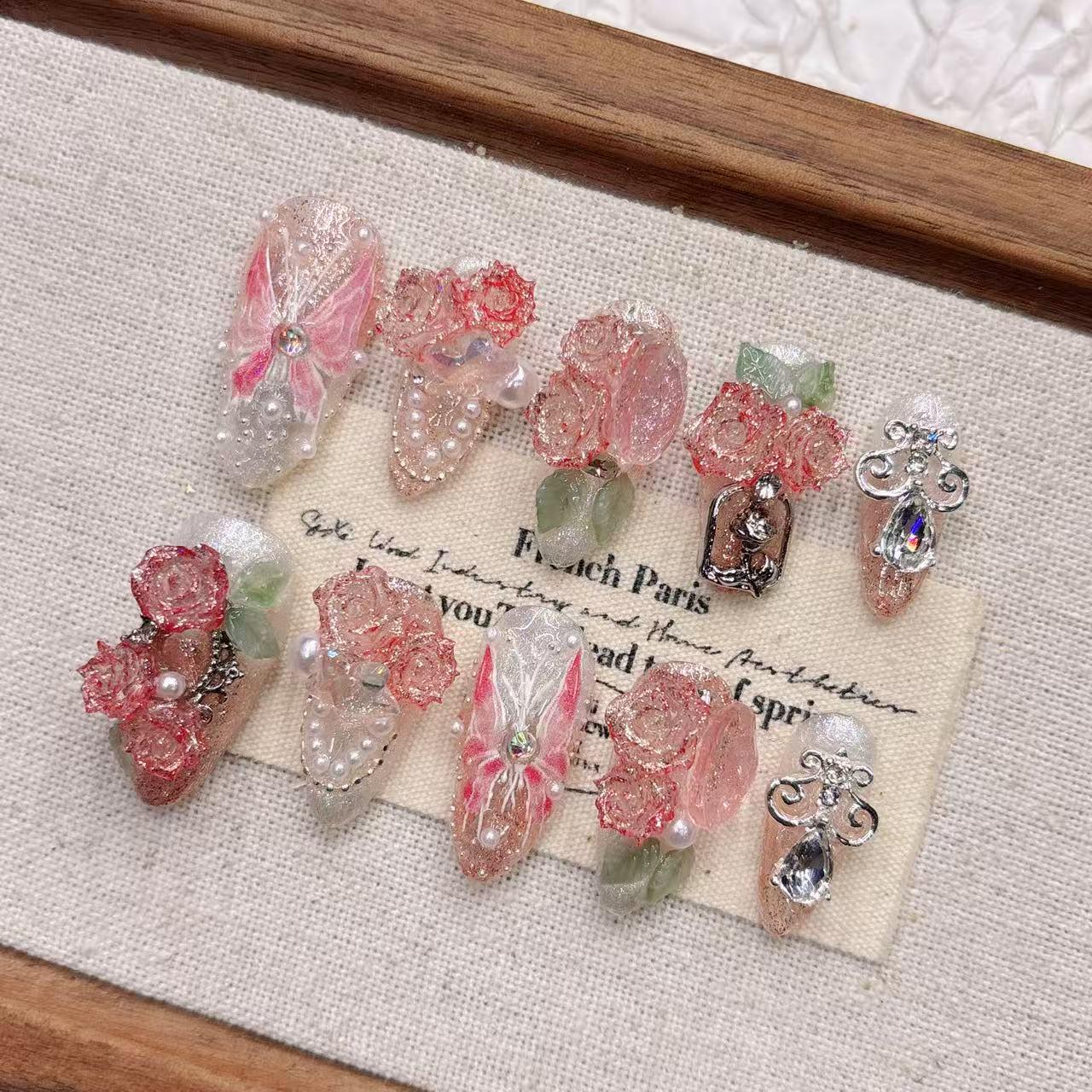 Pink Butterfly 3D Embossed Handmade Short Almond Wearable Nails - Extremely Beautiful & Stylish