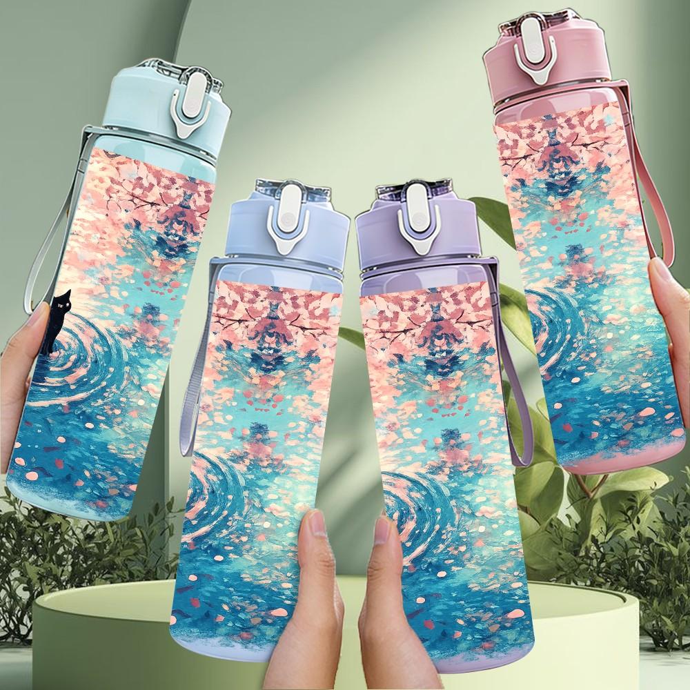 1PC Ocean Wave Watercolor Abstract Art 750ml Color Plastic Sports Water Bottle Leakproof Flip Straw Lid Suitable for Sports Office Home Use