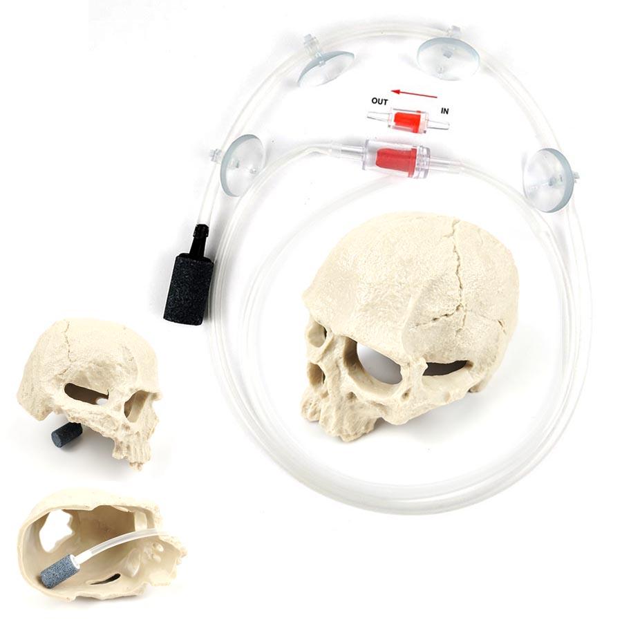 1 Sett Resin Skalle Akvariedekor – Fiske-, Reke- og Reptilavlsgrotte med Innebygd Boblestein for Oksygenering | Halloween Akvariepynt