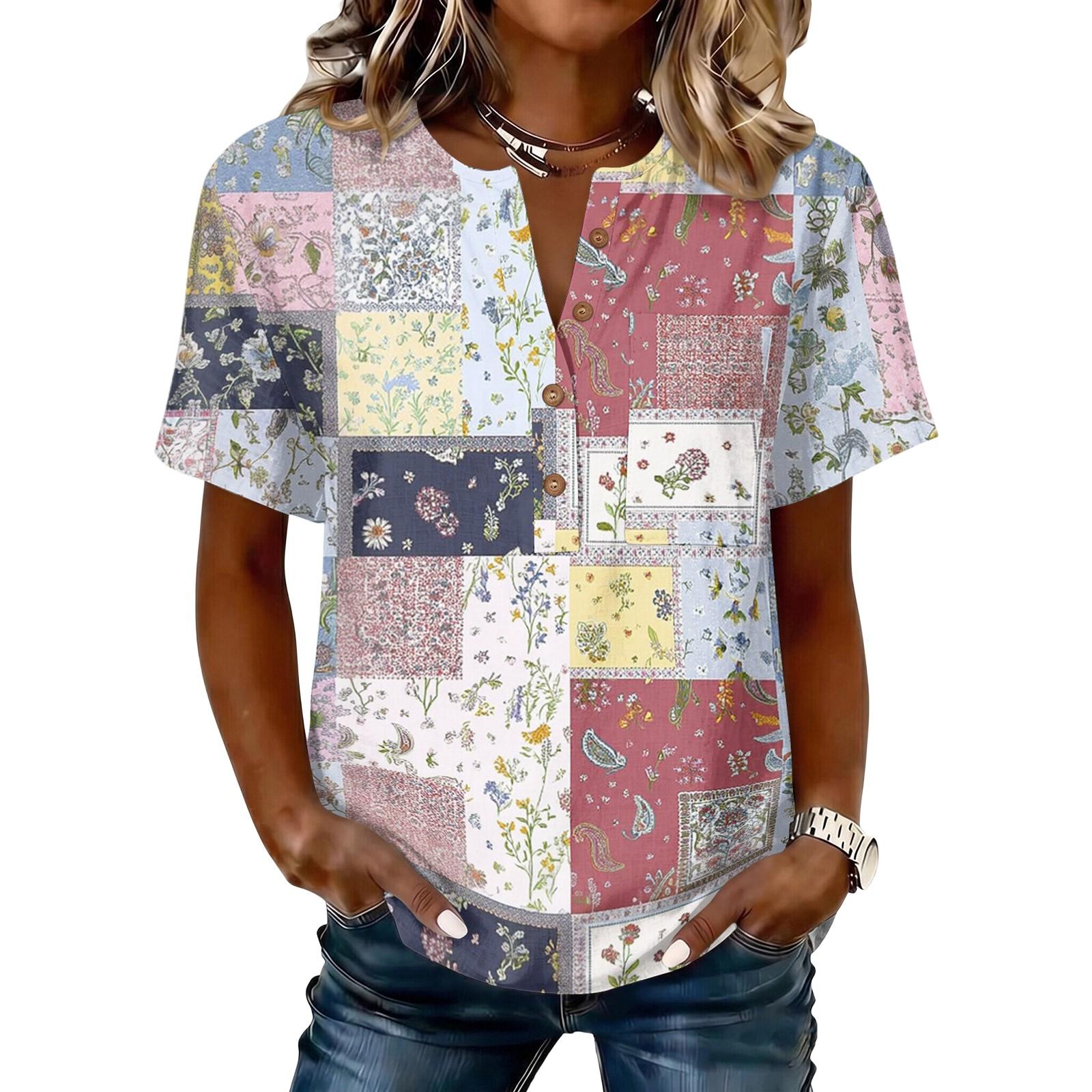 Women s Short Sleeve Shirt with Printed Pattern in Cotton Linen XXXL