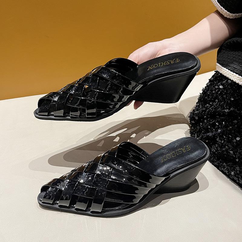 Fashion Women's Thick-soled Wedge-heeled Pointed-toe Woven Sandals, Large Size, Casual Beach Shoes