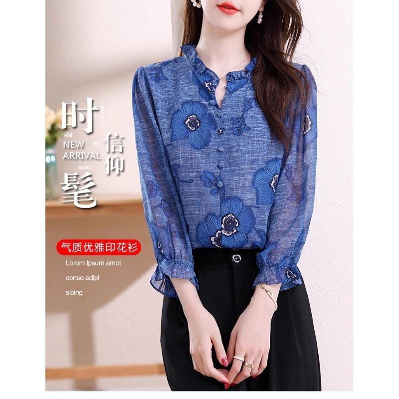 Autumn Fashion Versatile Wood Ear Neck Nine-point Sleeve Printed Chiffon Shirt Women's Long-sleeved Top Stand-up Collar Shirt