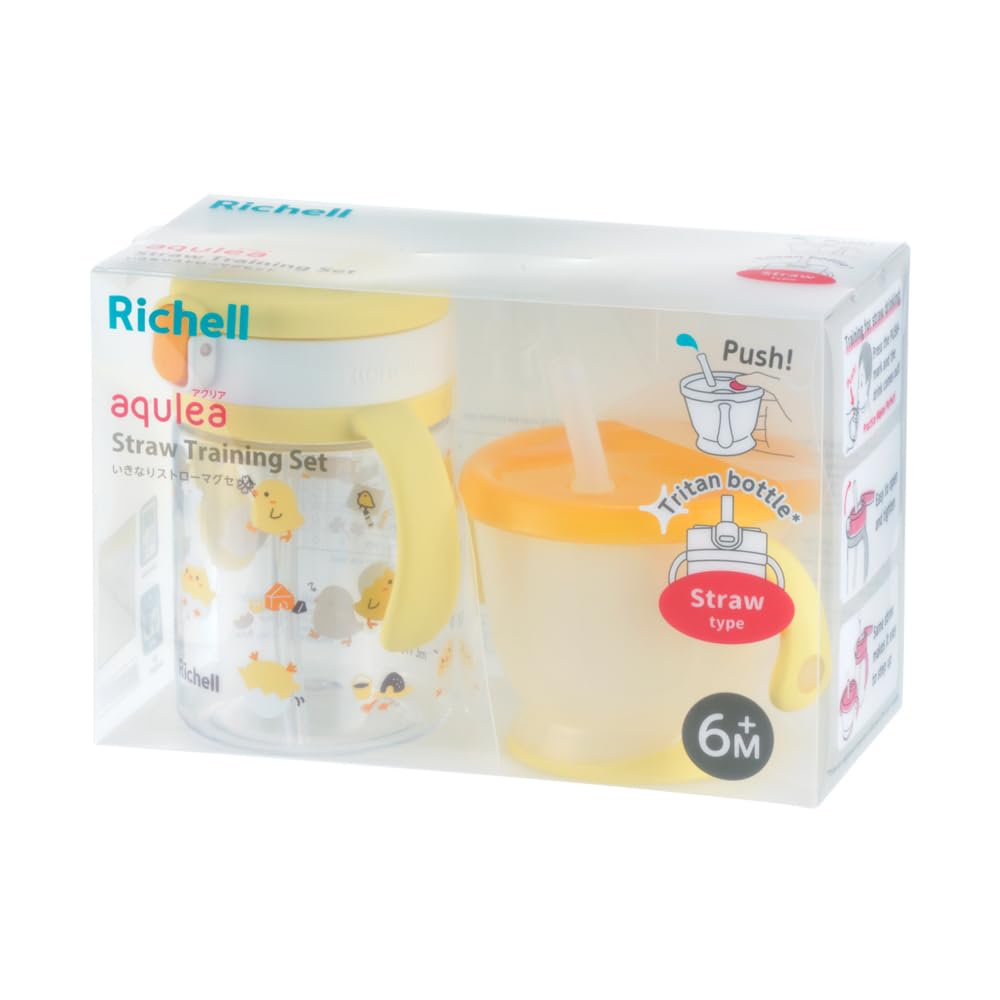 Richell Acria Straw Mug Set KN Light Yellow (Suitable for babies from 6 months old) - Easy to drink from, leak-proof.