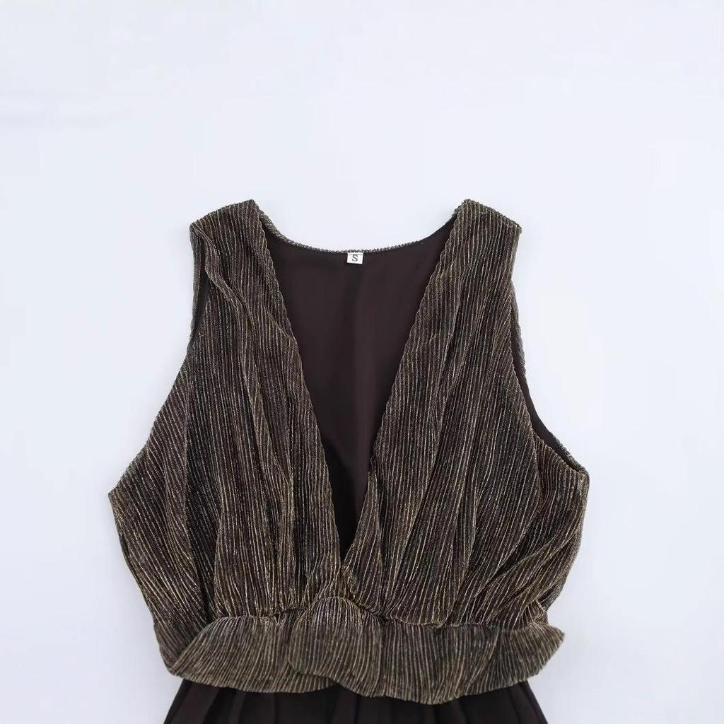 Spring 2025 European & American Style Women's Fashion Deep V-Neck Sleeveless Waist-Hugging Long Dress