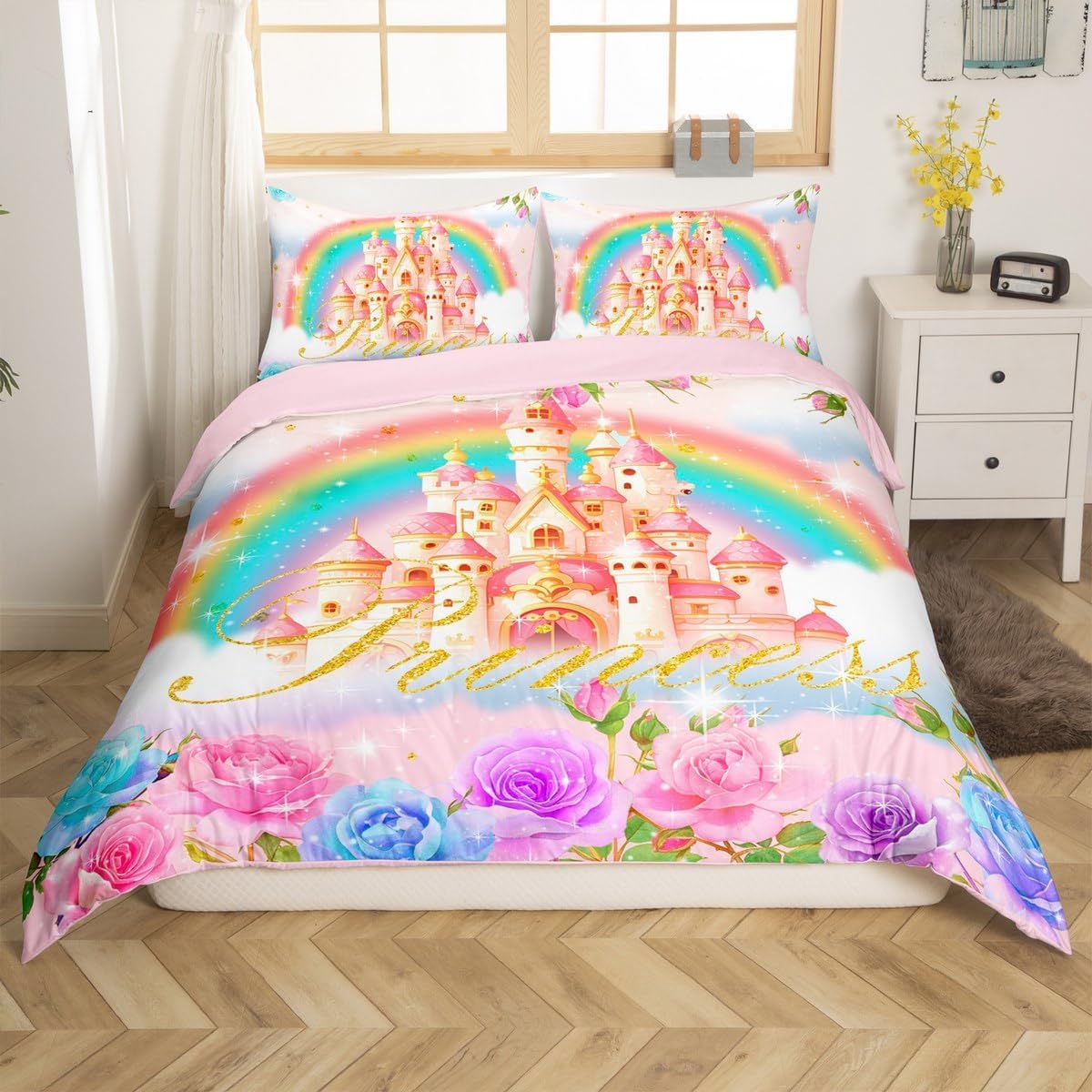 

Fairy Tale Castle Beding Set Twin Quen,Girly Golden Castle Silhouete Soft Duvet Cover,Bloming Flowers Botanical Warm Comforter Cover 120*200cm Single