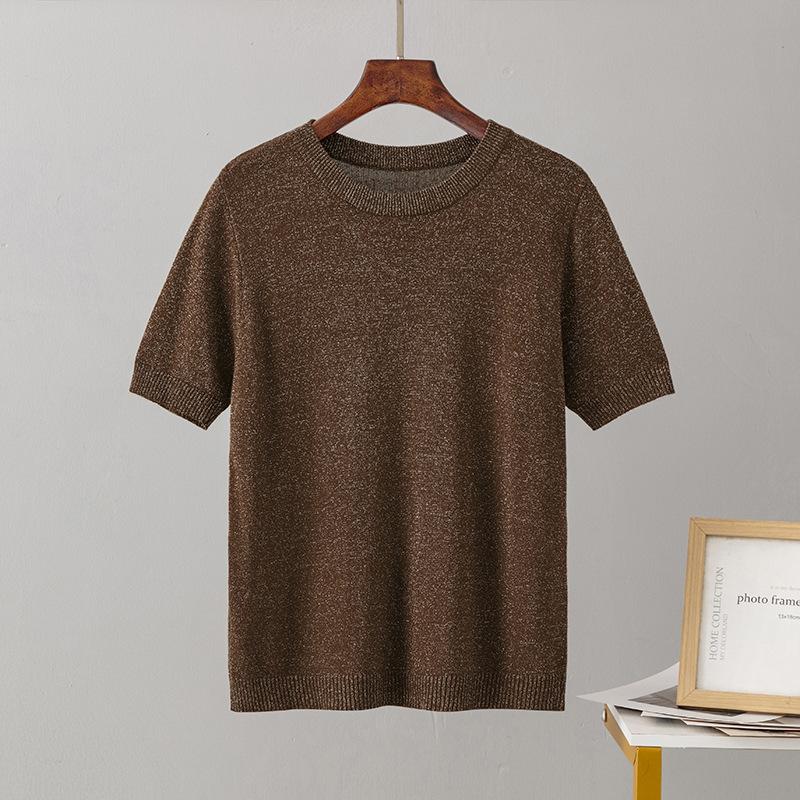 Pletená trička Jednobarevná Kulatý výstřih Krátký rukáv pro ženy Volné pulovrové topy Retro styl Stylové dámské Lesklé ledové hedvábí Šifonové halenky Košile