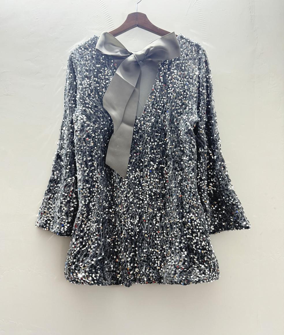 

Женское платье большого размера свободного кроя с пайетками, круглым вырезом и длинными рукавами, осень/зима 2023 XXL серый