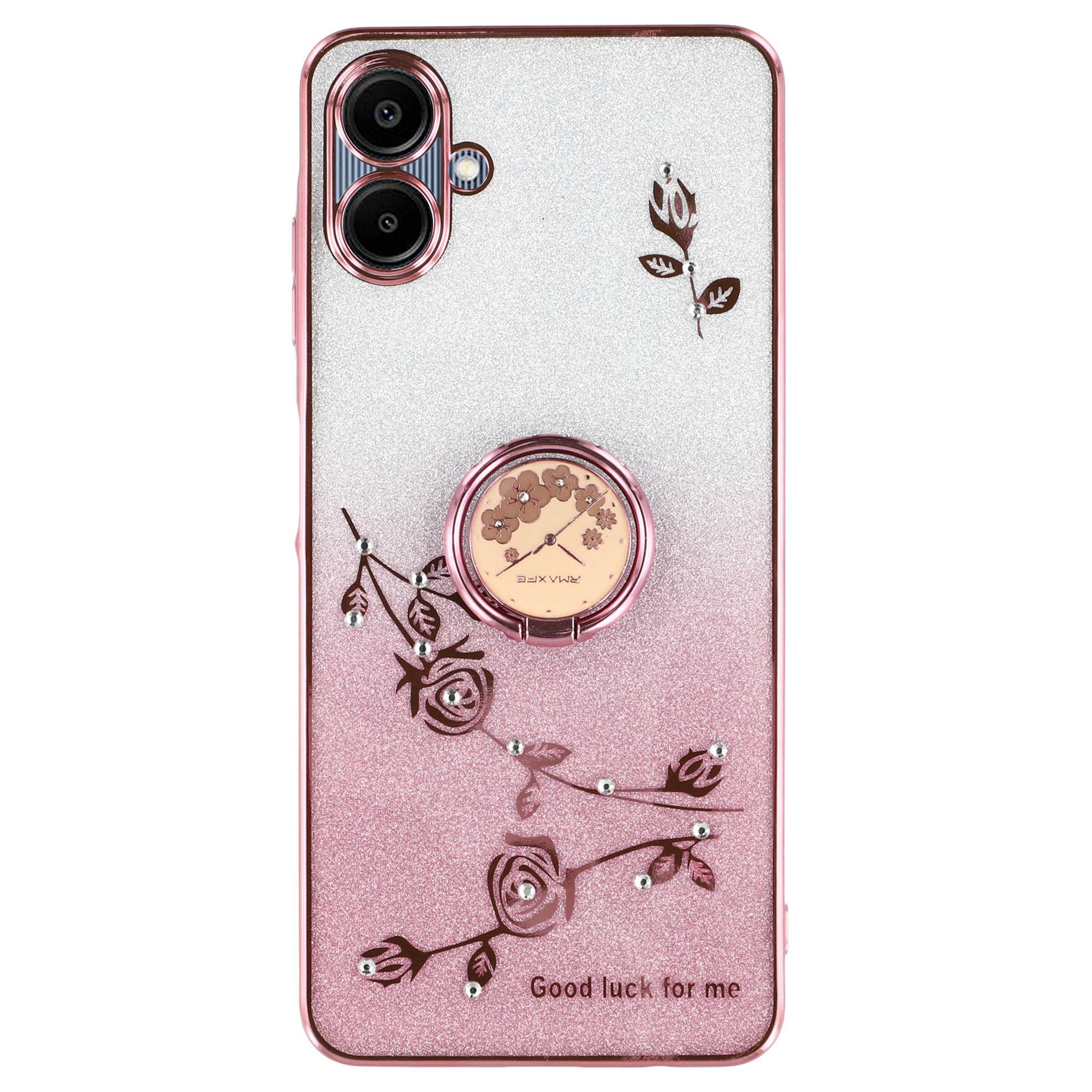 

KADEM For Samsung Galaxy A06 4G Case Ring Kickstand TPU Flowers Phone Cover Gradient Glitter Rose Gold