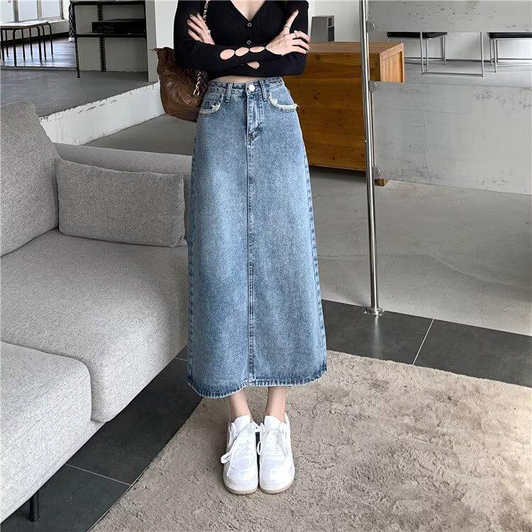 Women's 2025 Retro Frayed Slit Denim Midi Skirt - Korean Summer Style Trend