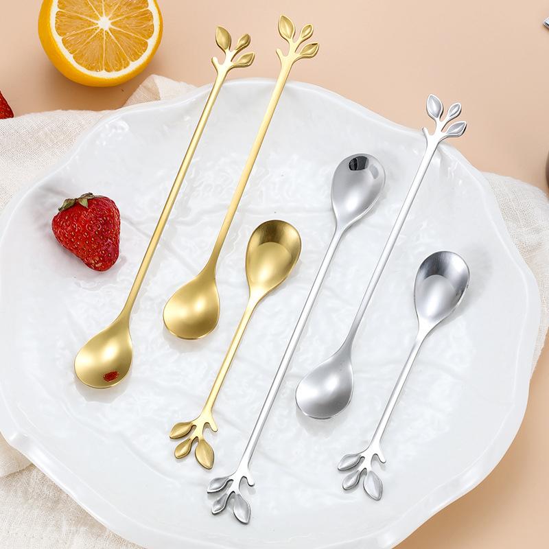 6Pcs Creative Personality Stainless Steel Gold Spoons Tree Leaf Spoon Coffee Spoon Tea Spoon Home Restaurant Dessert Cutlery Set