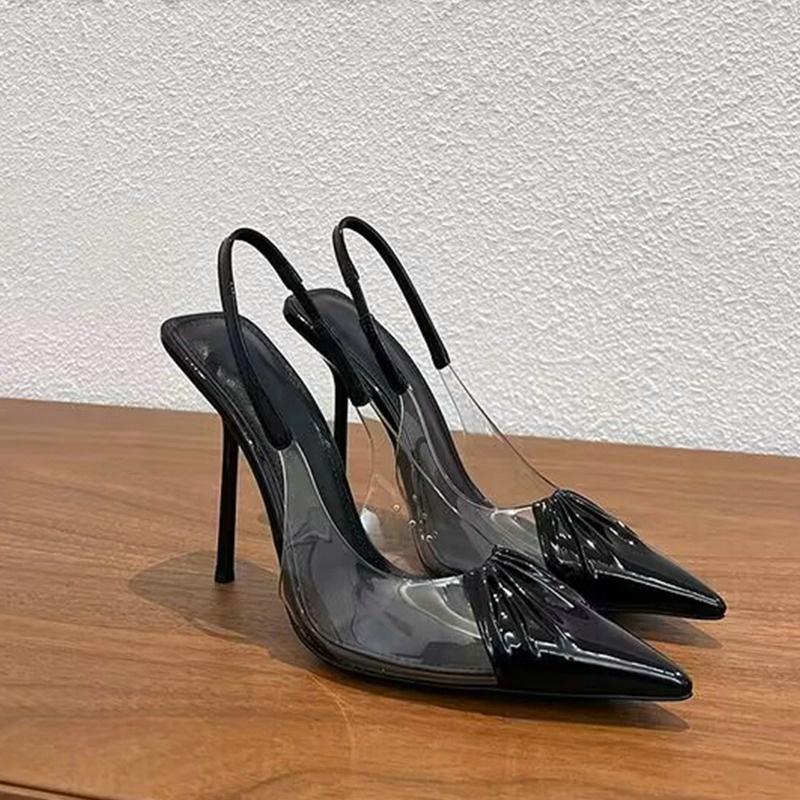 Fashion 2025 Pointy High Heels With New Temperament Transparent Pvc Patent Leather Black Sexy Overhead Sandals Women'S Single Shoes