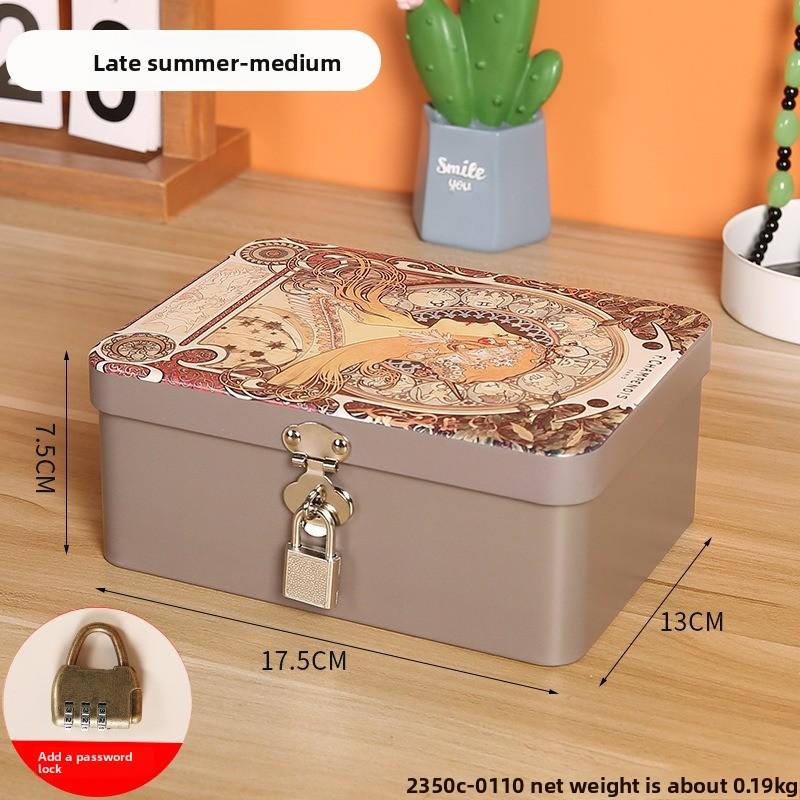 Retro Tinplate Box with Lock Key, Desktop Storage Box, Cosmetics, ID Storage, Household Jewelry Empty Box.