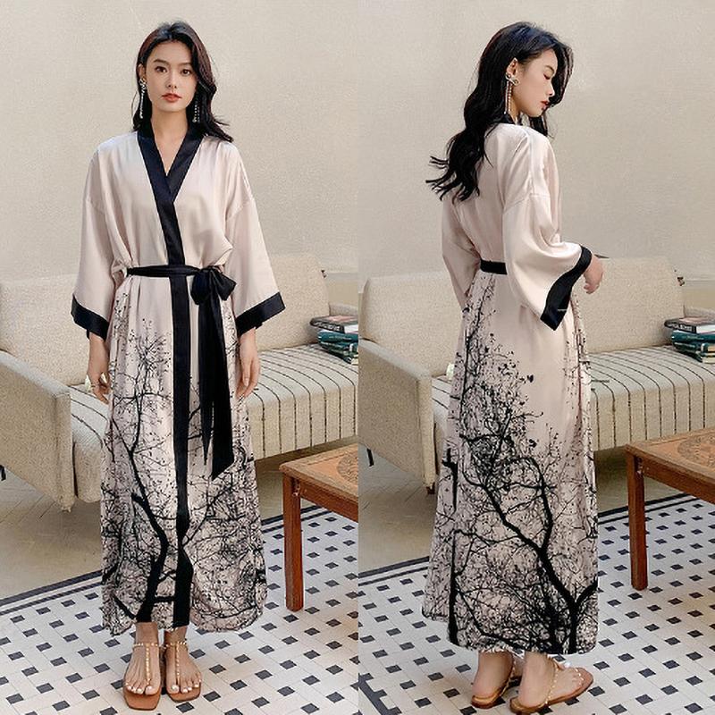 Spring Summer Long Robe Nightgown Sexy Print Flower Bathrobe Gown Casual Silk Satin Home Dress Lounge Wear