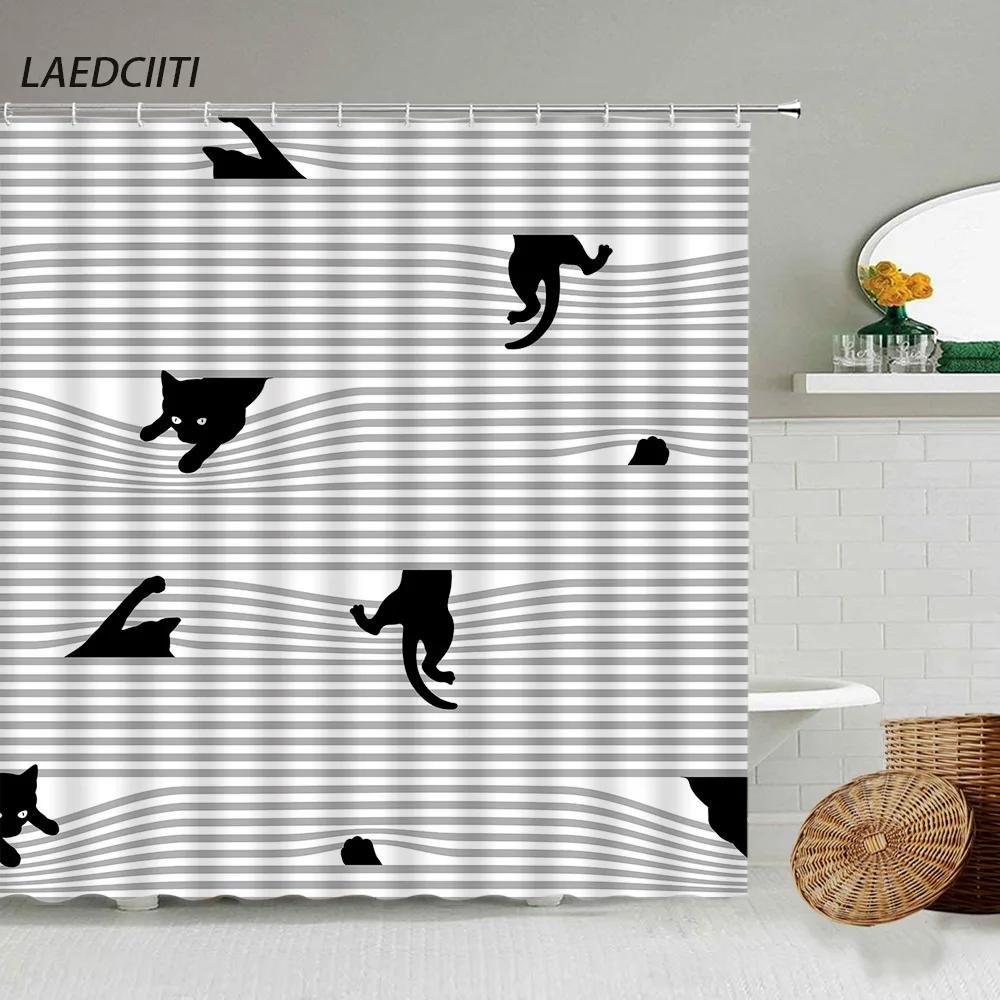 Cartoon Handbemalter Tier Duschvorhang, Katze, Vogel, Kaninchen, Pflanze, Blume, Kinder Badezimmer Dekor mit Haken, Hängender Sichtschutz