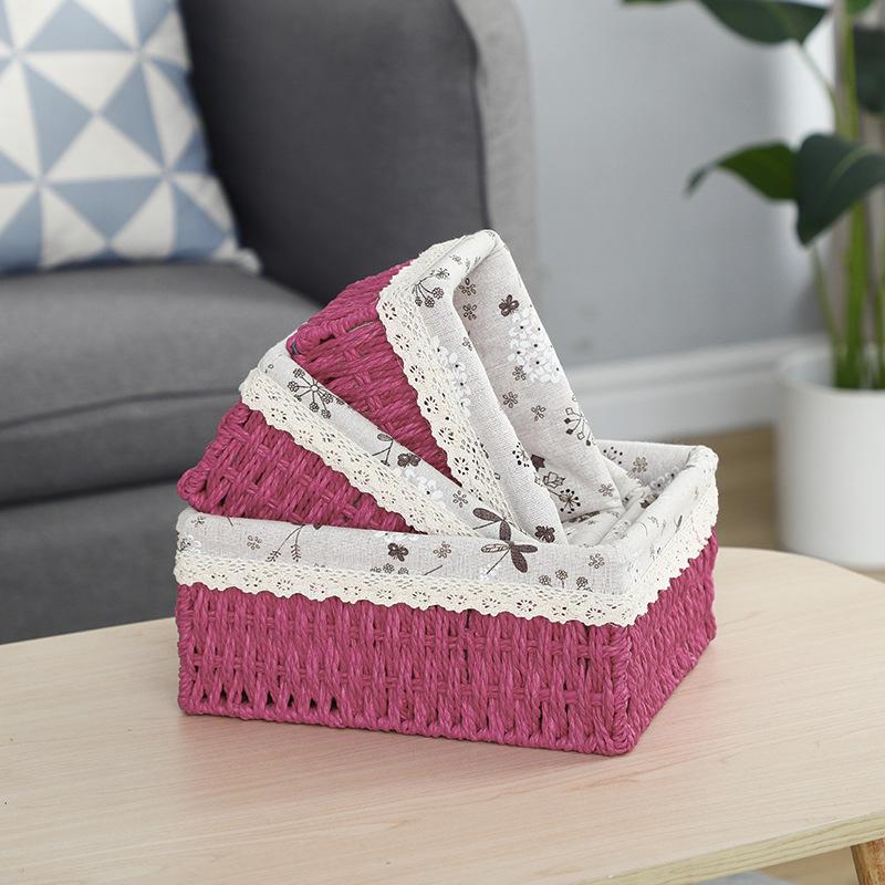 

Storage Baskets Set of 3,Decorative Paper Rope Woven storage Baskets with Liner,Rectangular Storage Bins Container for Makeup Be