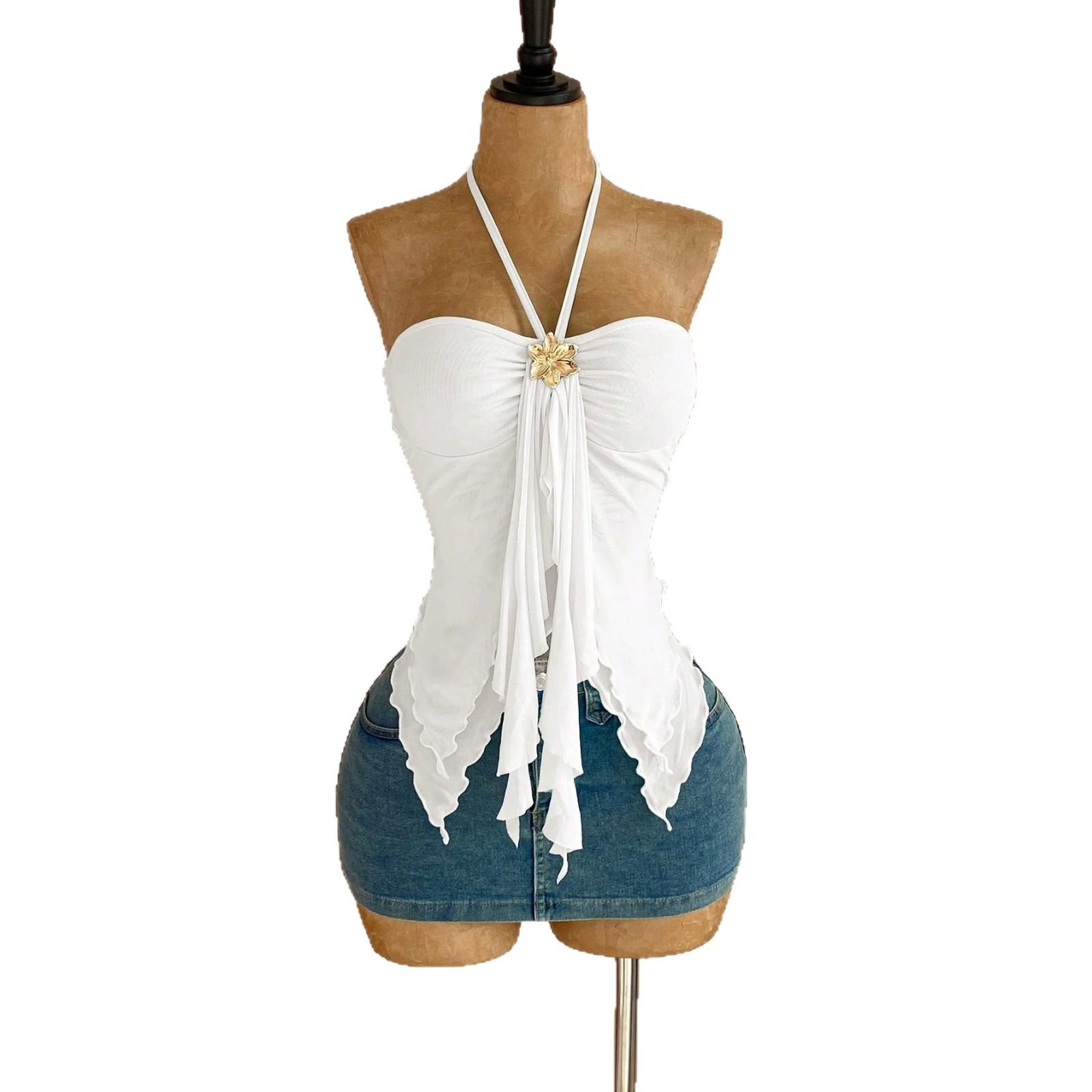 2026 Summer New Double-layer Mesh Hanging Neck Strapless Vest Irregular Tailcoat Top L