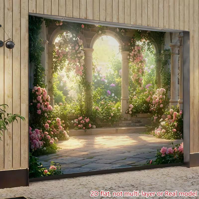 2D Dreamy Garden Backdrop Sunlit Stone Arches Portrait Studio Background
