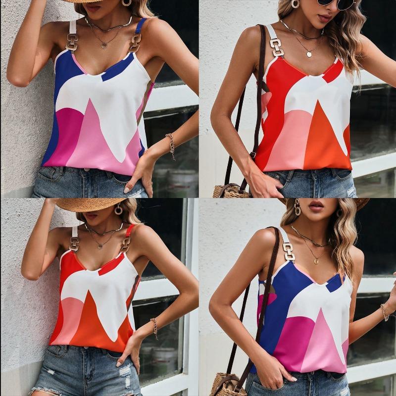 Damen Farbblock Geometrischer Print V-Ausschnitt Metall Schnalle Träger Cami Top