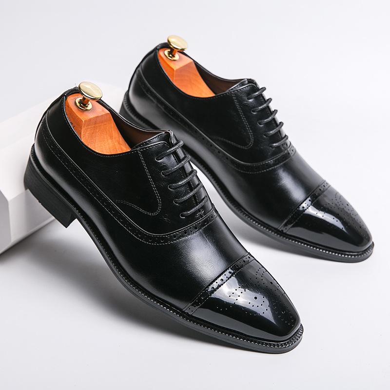 

Factory direct sales pointed three joints classic men s leather shoes business dress oak wedding men s shoes 38 чорний