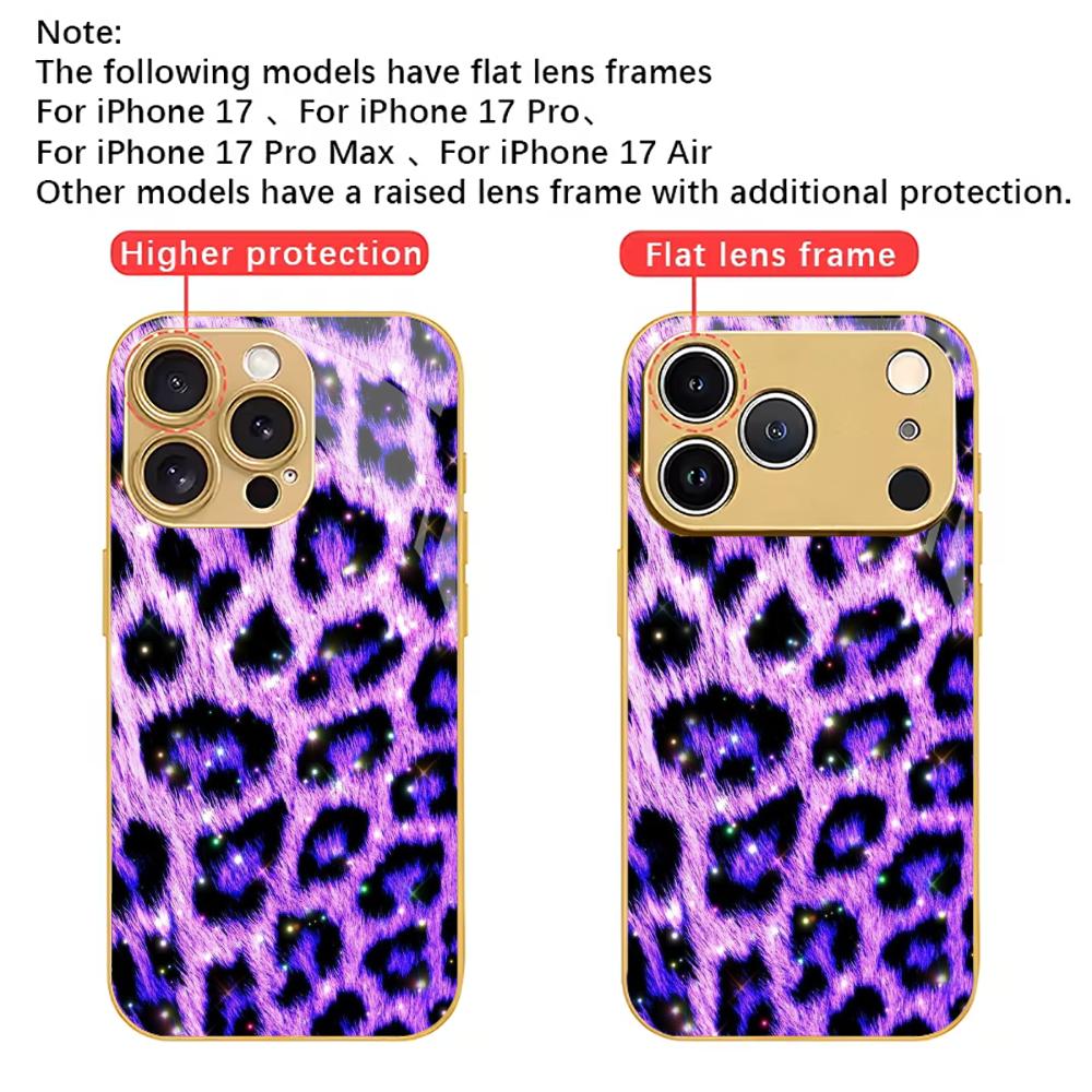 Purple Leopard Pattern Exquisite Luxurious Phone Case Electroplated Glass PhoneCase for iPhone 17 16 15 14 13 12 11pm Pro Plus