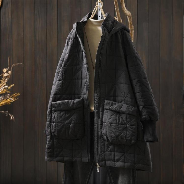 

Winter Warm Women Coats Vintage Hooded Zipper Long Sleeve Solid Color Patchwork Pocket Female Jackets M чёрный
