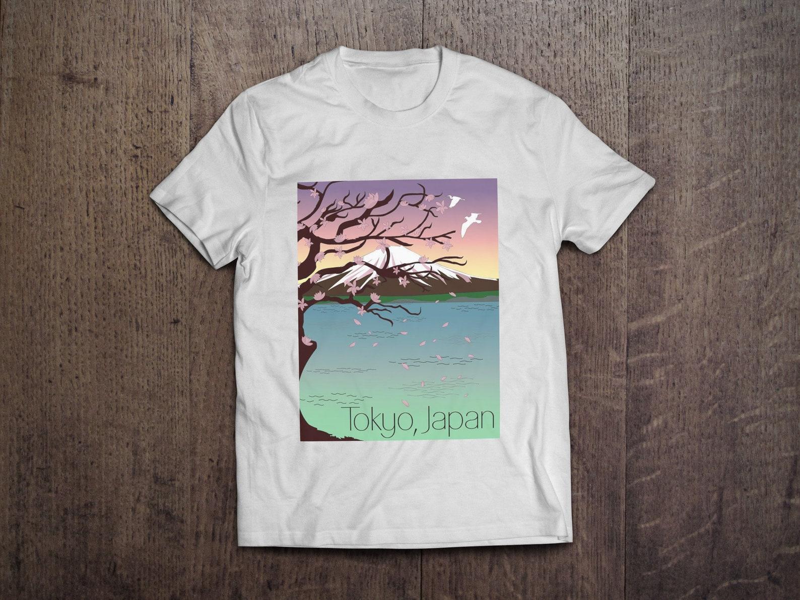 Tokyo Japan Travel Poster Fuji / Heavyweight cotton unisex T shirt with print tee top S