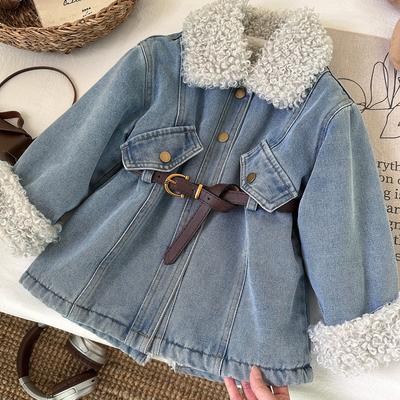 Winter Mädchen Dicke Denim Mäntel Baby Plus Samt Warme Oberbekleidung mit Gürtel Kinder Prinzessin Lange Jacken Kinderkleidung