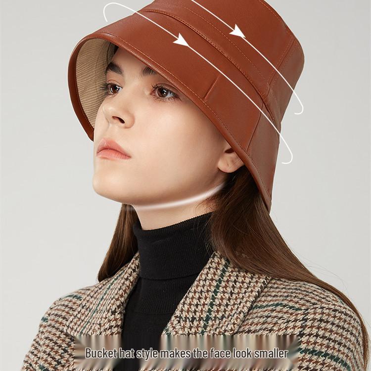 VVC Double-Sided European Style Women's Bucket Hat - Autumn/Winter Knit with PU Leather & Corduroy