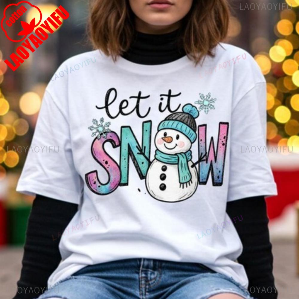 Let It Snow Tops Cute Snowunisex Winter Sublimation Design T Shirt Hand Drawn Christmas Snowflake Tops For Holiday Shirts S