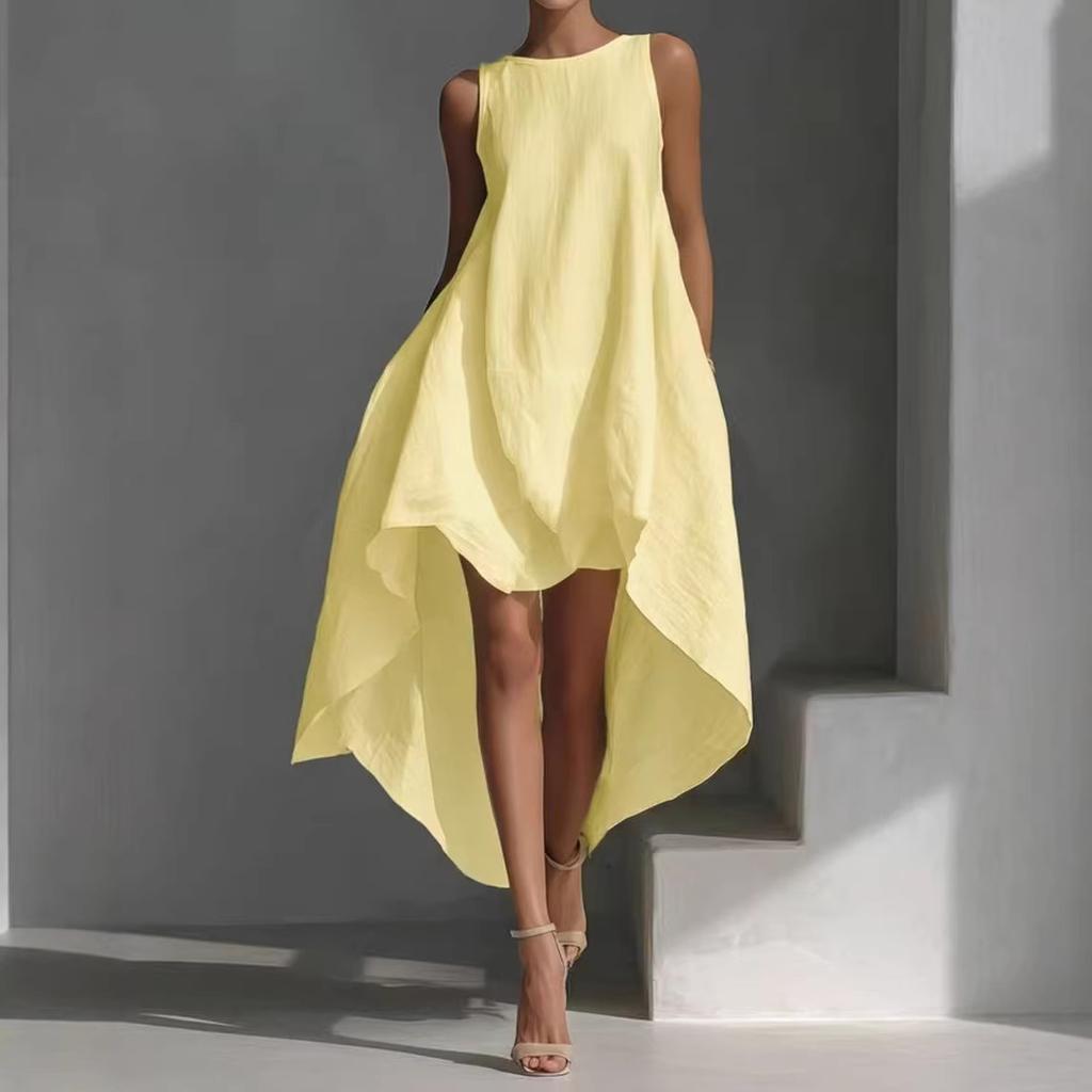 2026 Women's New Sleeveless Front Short Rear Long Irregular Cotton and Linen Dress