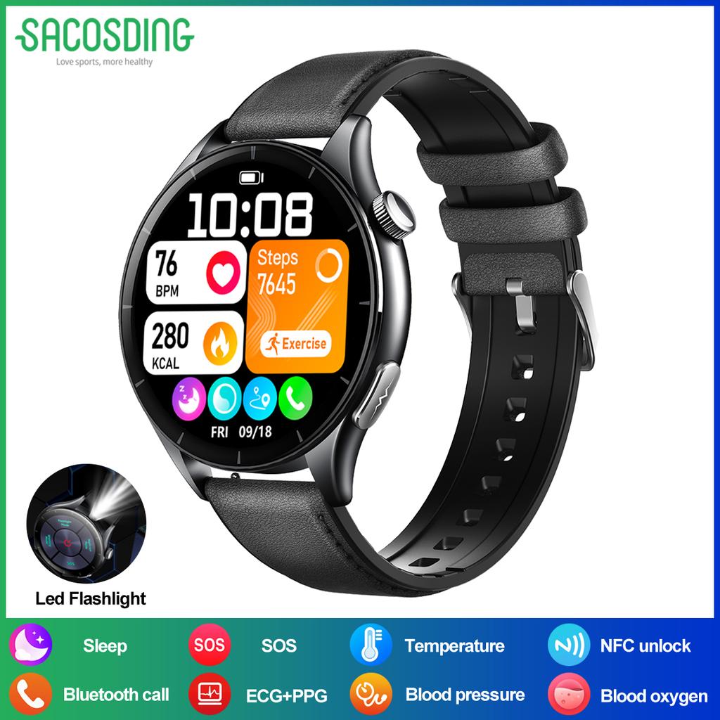 SACOSDING Men Smart Watch 1.56 inch AMOLED HD Screen Led Flashlight BT Calling ECG Health Monitoring Sports Fitness Tracker Women Smartwatch