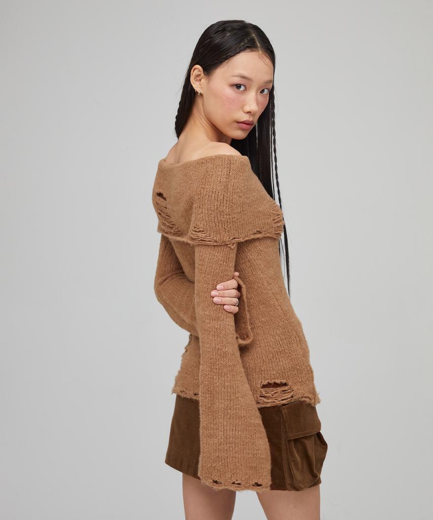 LALAFOX Knit Off-Shoulder Slim Knit Camel Bq4Kl009