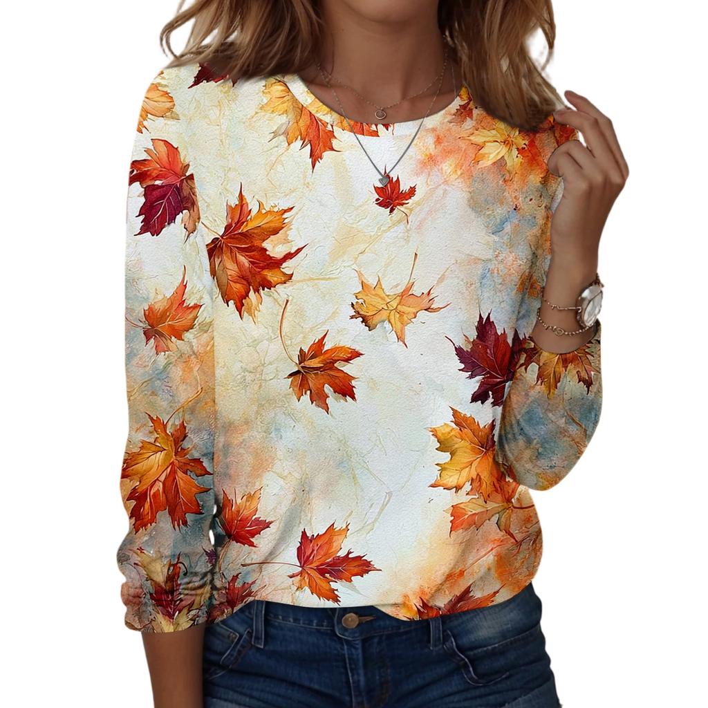 Women's Casual Long Sleeve Blouse with Leaves Print Round Neck Top for Everyday Wear