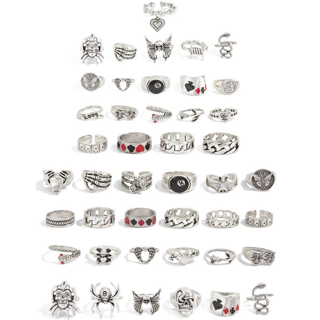Ingemark Halloween Goth Skull Spider Snake Rings Set for Men Vintage Silver Color Big Size Rings Unisex Festival Party Jewelry