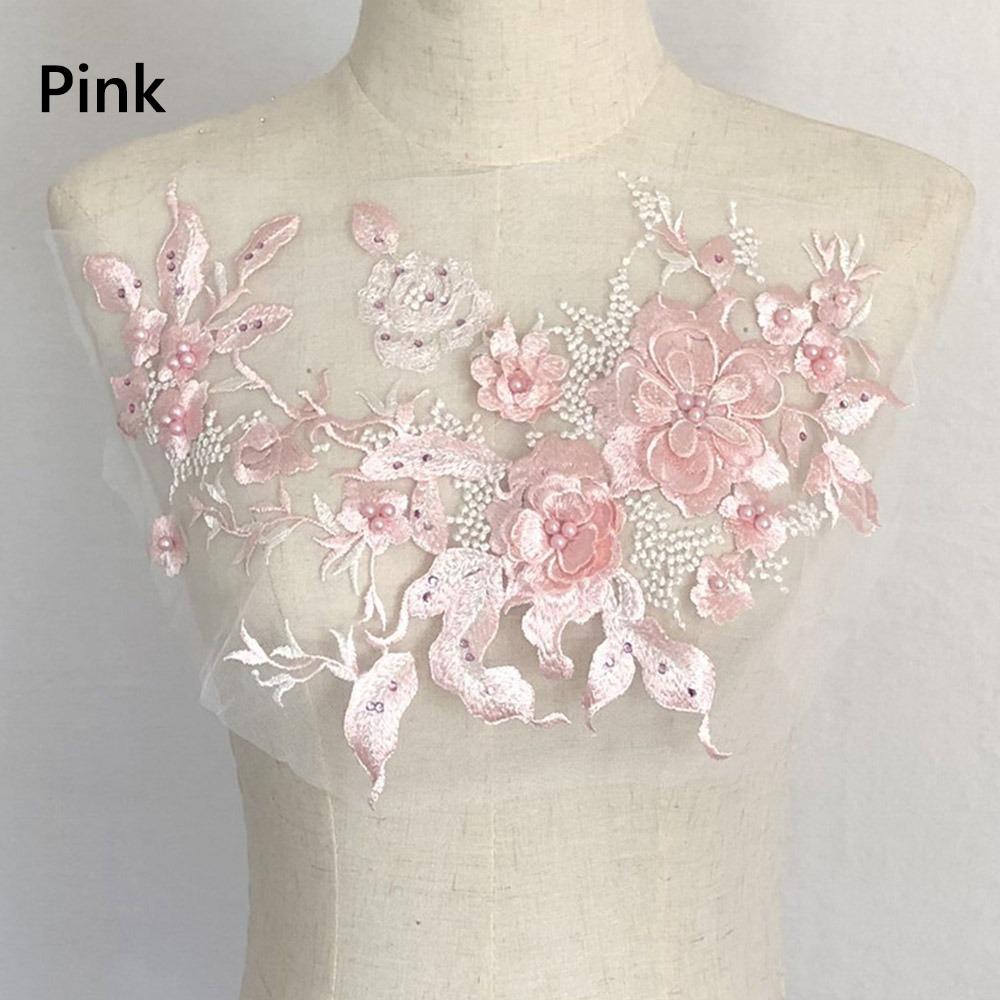 

Pearl Stamen Lace Fabrics Applique 3D Flower Dress Stickers Wedding Dress рожевий