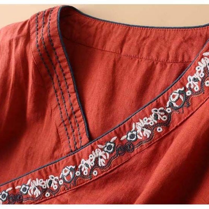 Camicia da Donna Primaverile Stile Cinese alla Moda Ricamo Artistico Vestibilità Larga Scollo a V Abbigliamento alla Moda da Donna