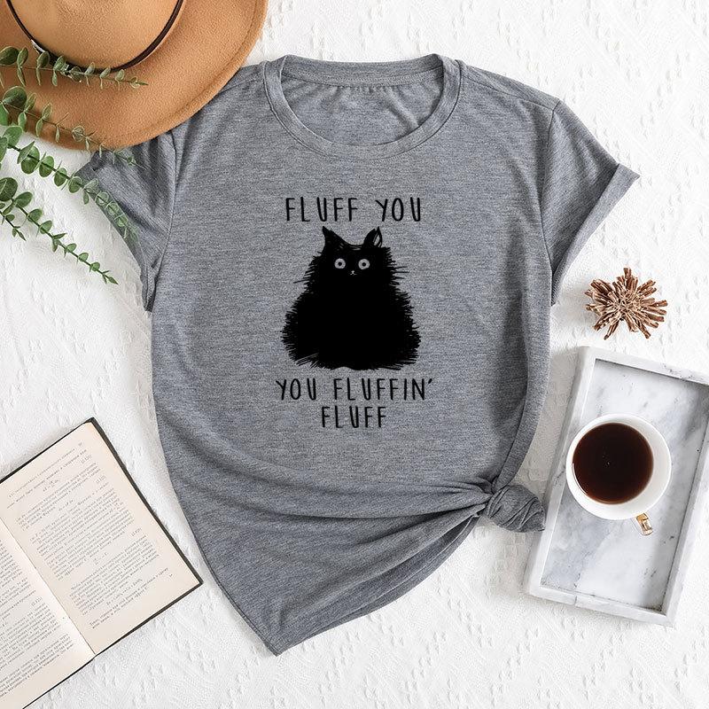 Summer Women's Letter Cat Print Round Neck Loose Casual Pure Cotton Short Sleeved T-shirts Women's
